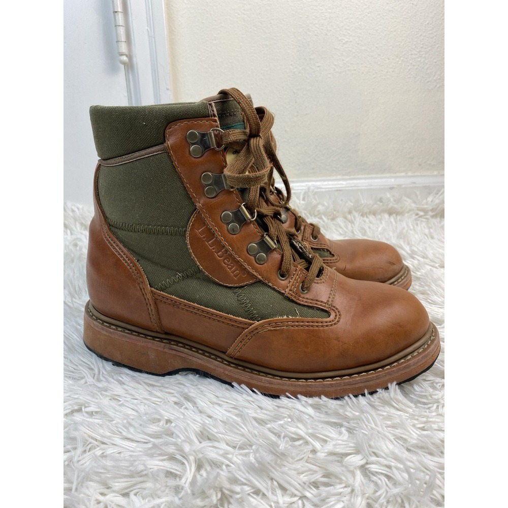 Vintage L.L. Bean Men's 8 Brown Leather Green Nylon Fly Fishing Boots